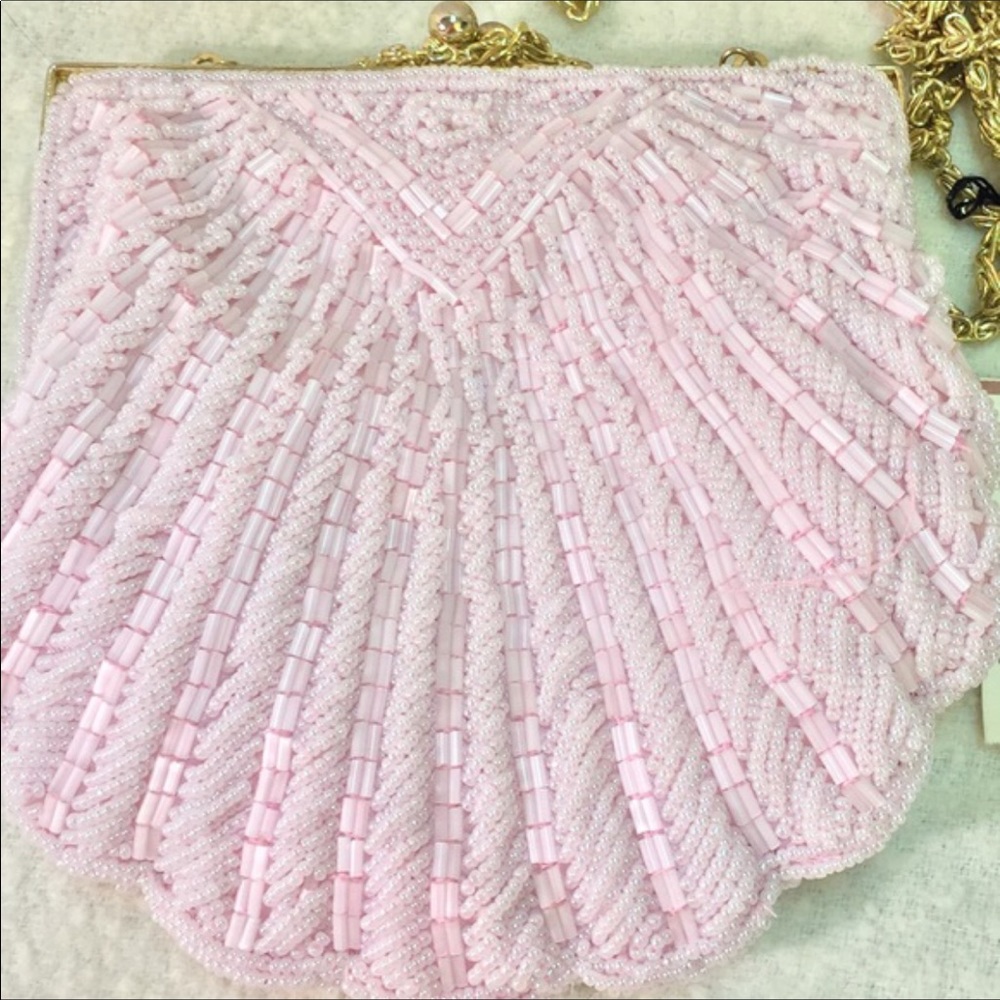 Artisan Hand Beaded Shell Design Bag w/Satin NWT